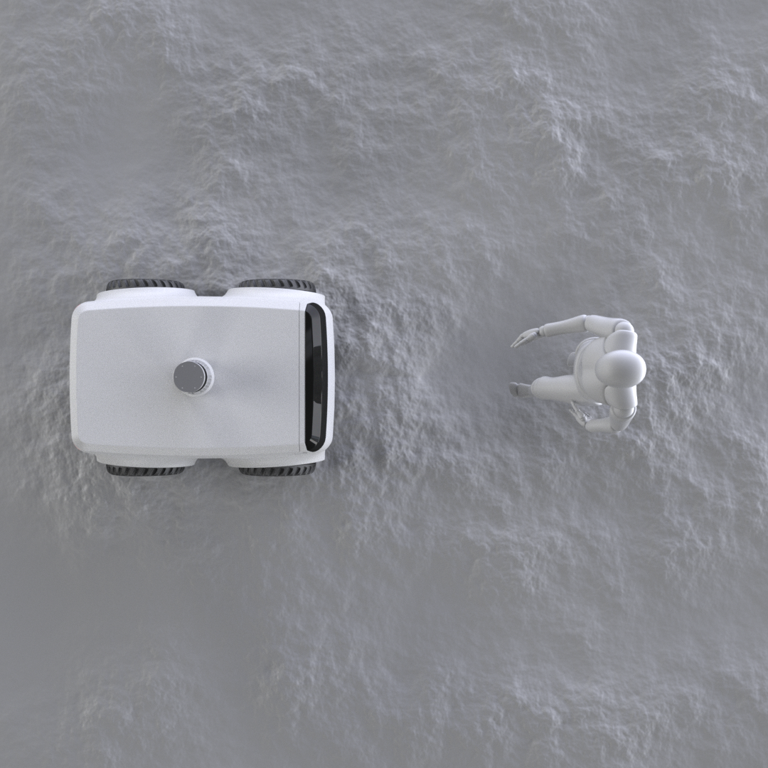 Top-down view: a robot stops short of a safety radius around a person